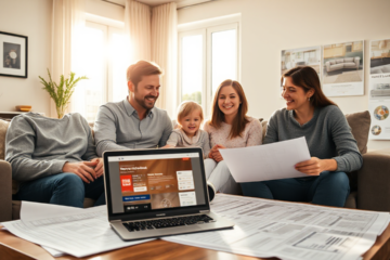 A family discussing their home renovation plans while looking at a blueprint, considering RBC loan options.