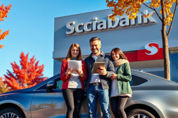 A person researching Scotiabank's vehicle acquisition loan options on a laptop.