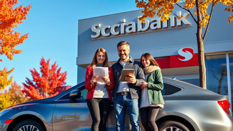 A person researching Scotiabank's vehicle acquisition loan options on a laptop.