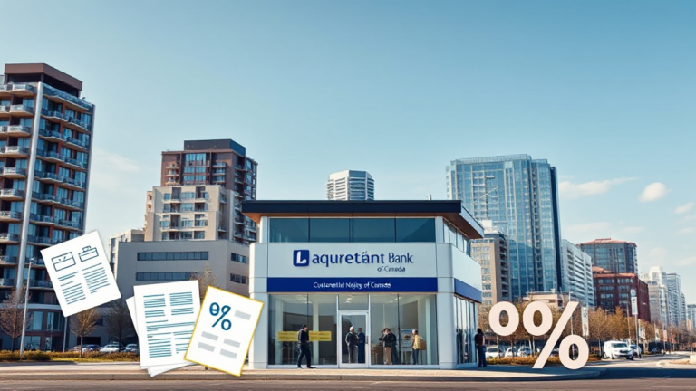 A collage of real estate properties and a Laurentian Bank logo, representing financing options for homes and commercial projects.