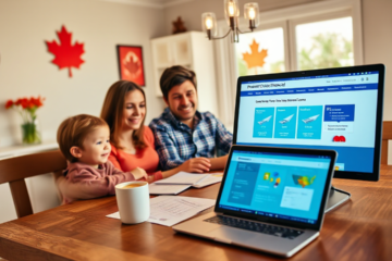 A person considering a loan from President's Choice Financial with a calculator and rewards program infographic.