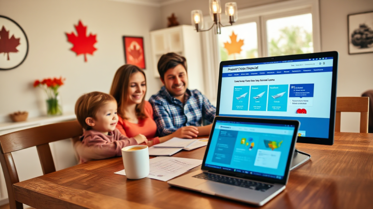 A person considering a loan from President's Choice Financial with a calculator and rewards program infographic.