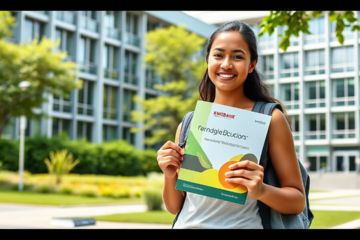 Student smiling with books and a laptop, representing education financing options from Kiwibank.