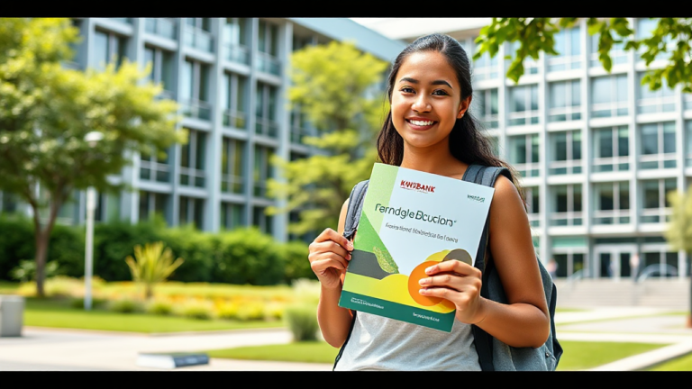 Student smiling with books and a laptop, representing education financing options from Kiwibank.