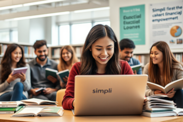 A student studying with books and a laptop, illustrating the benefits of Simplii Financial Education Loan.