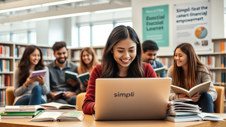 A student studying with books and a laptop, illustrating the benefits of Simplii Financial Education Loan.