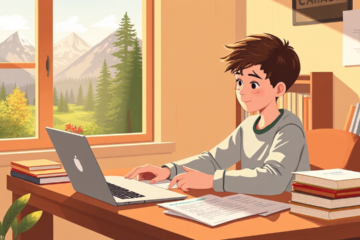 Student studying with books and a laptop, symbolizing education funding with Home Trust Company Education Loans.