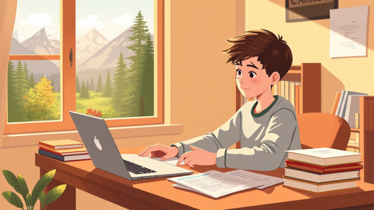 Student studying with books and a laptop, symbolizing education funding with Home Trust Company Education Loans.