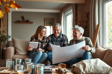 A couple discussing plans for home renovations with a contractor.