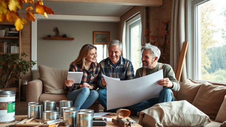 A couple discussing plans for home renovations with a contractor.