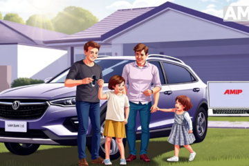 An illustration of a car with AMP Bank logo representing vehicle acquisition loans.
