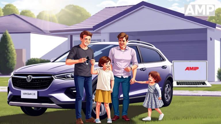 An illustration of a car with AMP Bank logo representing vehicle acquisition loans.