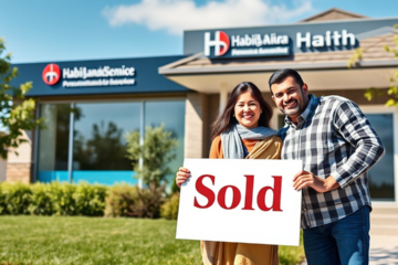 A happy family in front of their new home, representing success with Habib Canadian Bank real estate loans.