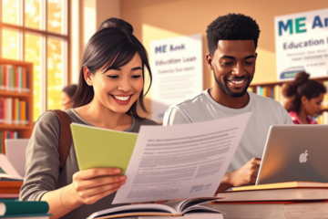 Student studying with books and laptop, exploring ME Bank Education Loan options.