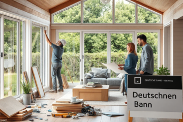 A family discussing home renovation plans, considering financing options from Deutsche Bank for their project.