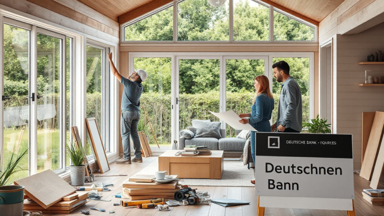 A family discussing home renovation plans, considering financing options from Deutsche Bank for their project.