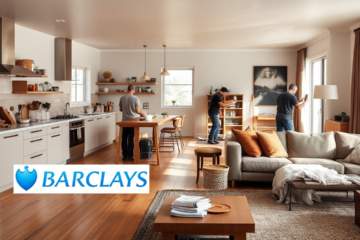 A couple discussing plans for home renovations with a contractor, symbolizing financial assistance from Barclays Bank.