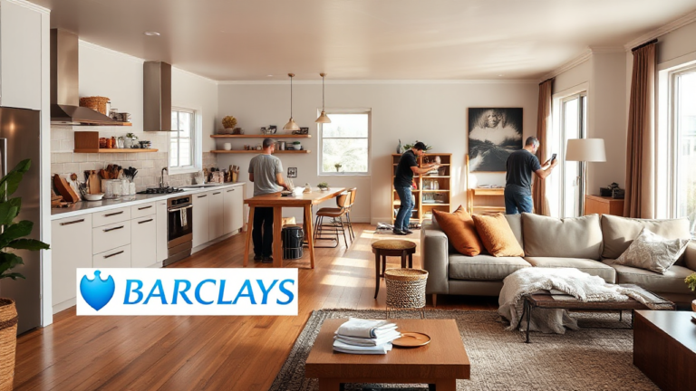 A couple discussing plans for home renovations with a contractor, symbolizing financial assistance from Barclays Bank.