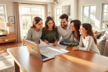 A couple discussing home renovation plans with financial documents and a laptop, symbolizing the MoneyPlace loan for renovations.
