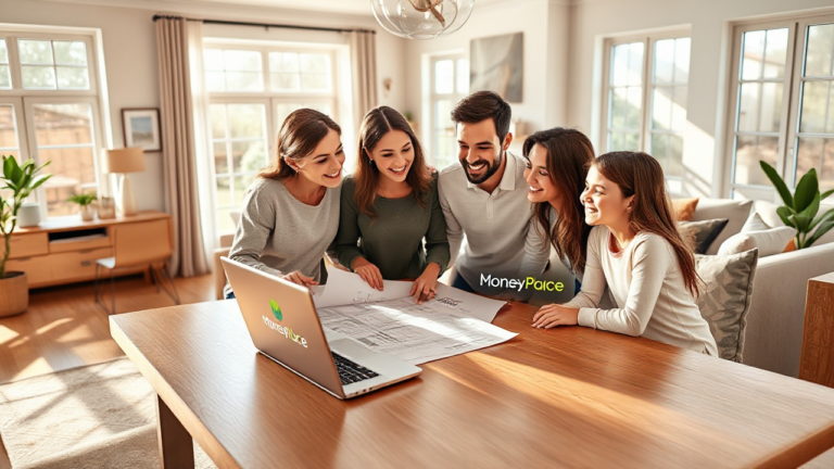A couple discussing home renovation plans with financial documents and a laptop, symbolizing the MoneyPlace loan for renovations.