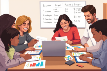 An illustration of a person analyzing a budget with charts and a calculator.