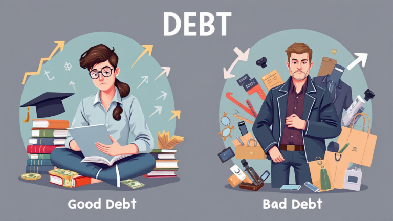 A visual representation of the difference between good debt and bad debt in financial literacy.