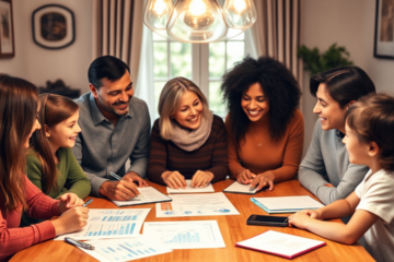 A family gathered around a table discussing their financial planning together.