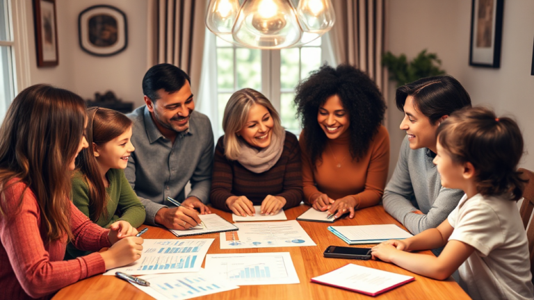 A family gathered around a table discussing their financial planning together.