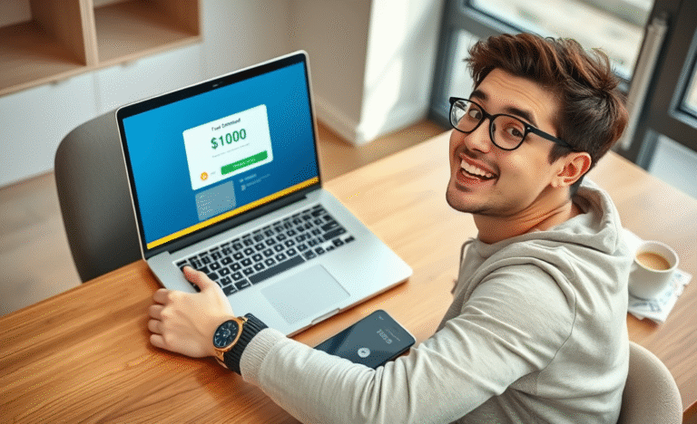 Illustration of quick personal loan approval and funds transfer to a bank account.
