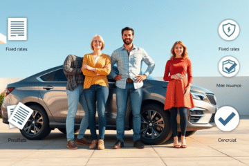 A family happily driving their new car, representing Premium Auto Credit with included insurance.