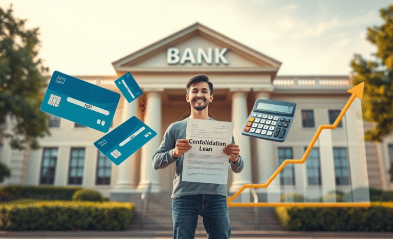 A visual representation of using a consolidation loan to improve credit scores and financial health.