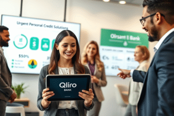 A person contemplating a personal loan from Qliro Bank for urgent financial needs, with stacks of bills and a calculator in the background.