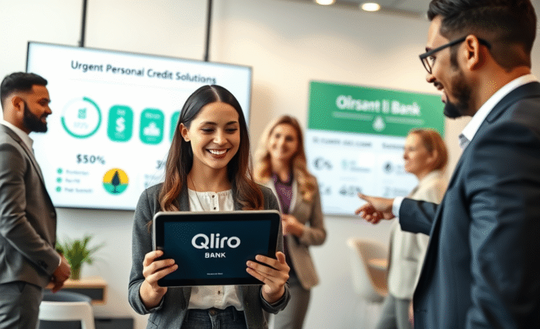 A person contemplating a personal loan from Qliro Bank for urgent financial needs, with stacks of bills and a calculator in the background.