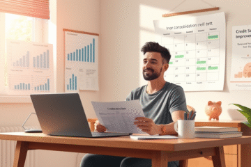 Illustration of a person reviewing their credit score after using a consolidation loan to manage debts.