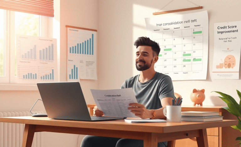 Illustration of a person reviewing their credit score after using a consolidation loan to manage debts.
