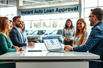 A happy new car owner receiving an instant loan assessment