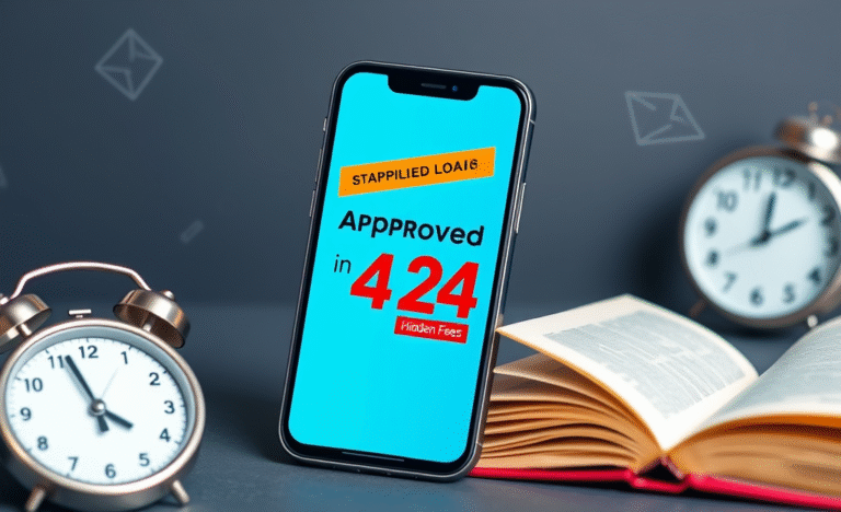 A smartphone displaying a loan application with quick approval and no hidden fees.