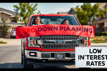 An electric Ford F-150 Lightning on a dealership lot showcasing zero down payment financing options.