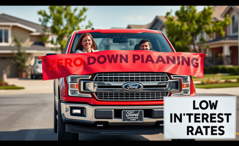 An electric Ford F-150 Lightning on a dealership lot showcasing zero down payment financing options.