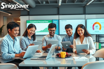 Illustration of a person happily using a computer to apply for a SingSaver Personal Loan with quick and easy credit approval.