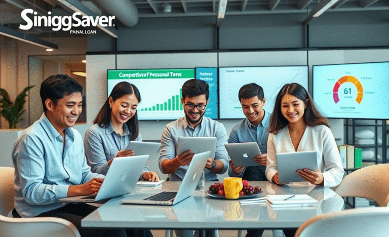 Illustration of a person happily using a computer to apply for a SingSaver Personal Loan with quick and easy credit approval.