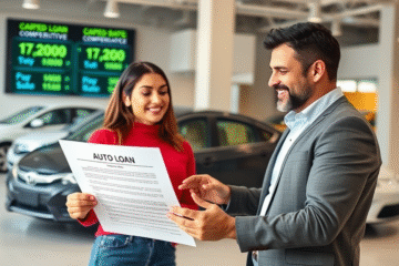 A family happily driving their new car, secured with an auto loan and insurance.