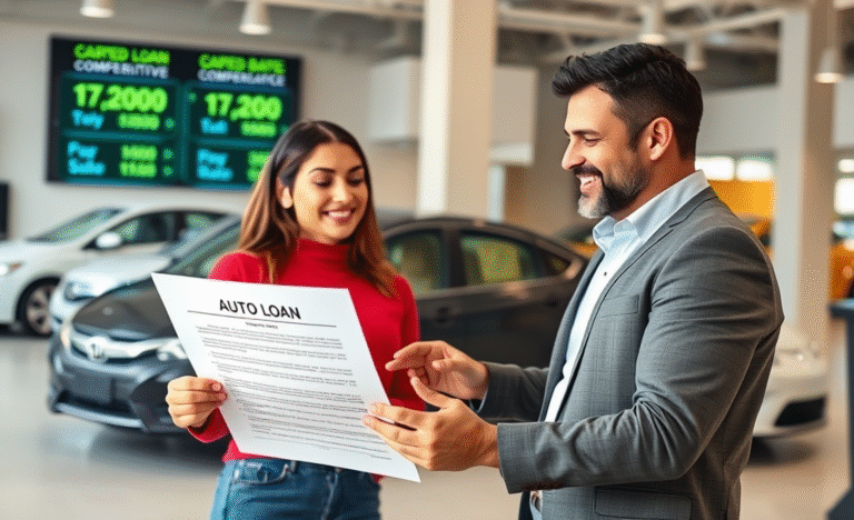 A family happily driving their new car, secured with an auto loan and insurance.