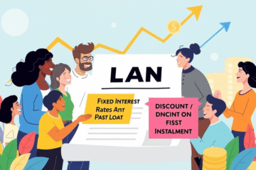 A graphic illustrating the benefits of a Fixed Loan with discounts on first installments, symbolizing financial stability and savings.
