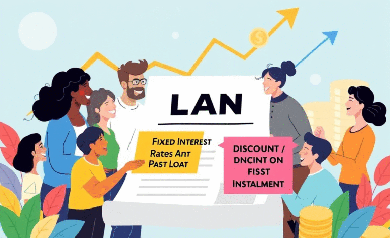 A graphic illustrating the benefits of a Fixed Loan with discounts on first installments, symbolizing financial stability and savings.