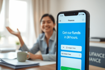 An illustration of a smartphone showing a loan app with fast approval and no hidden fees