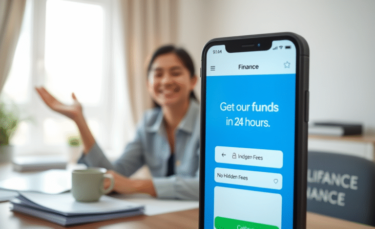 An illustration of a smartphone showing a loan app with fast approval and no hidden fees