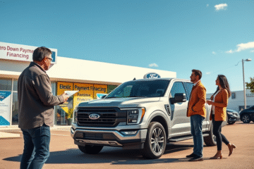 A happy couple receiving keys to their new Ford F-150 Lightning through Lightning Auto Financing with zero down payment.