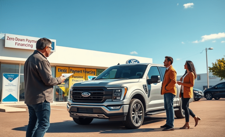 A happy couple receiving keys to their new Ford F-150 Lightning through Lightning Auto Financing with zero down payment.