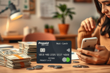 Illustration of a prepaid credit card with financial icons.
